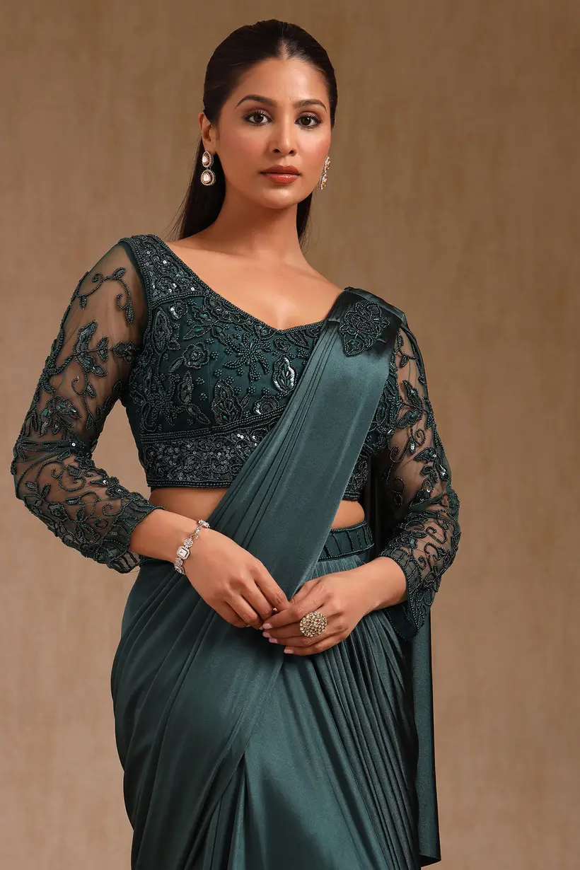 Green Nylon Blend Solid Ready To Wear Saree